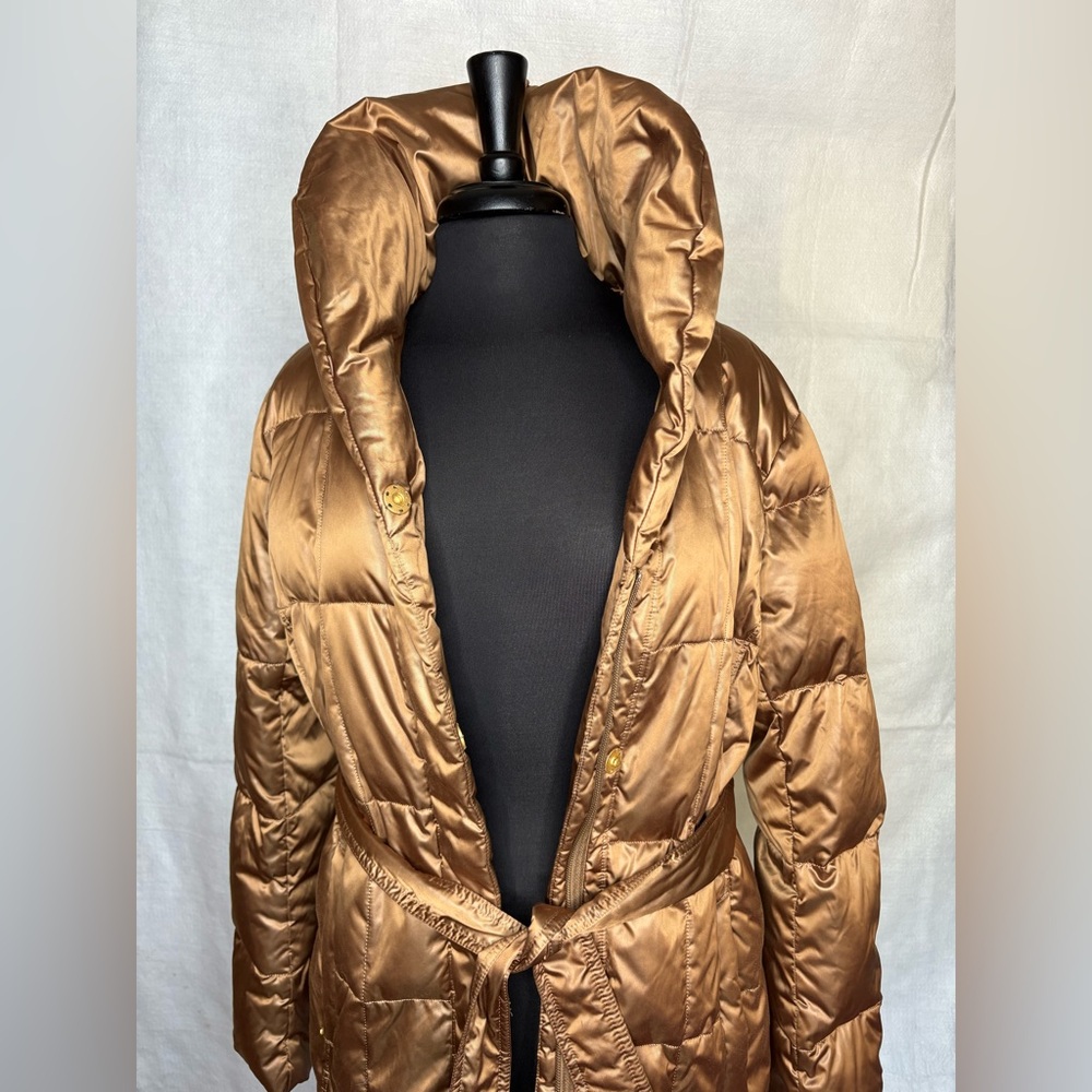 Lands’ End Bronze Down Puffer Coat L Belted Metallic High Collar